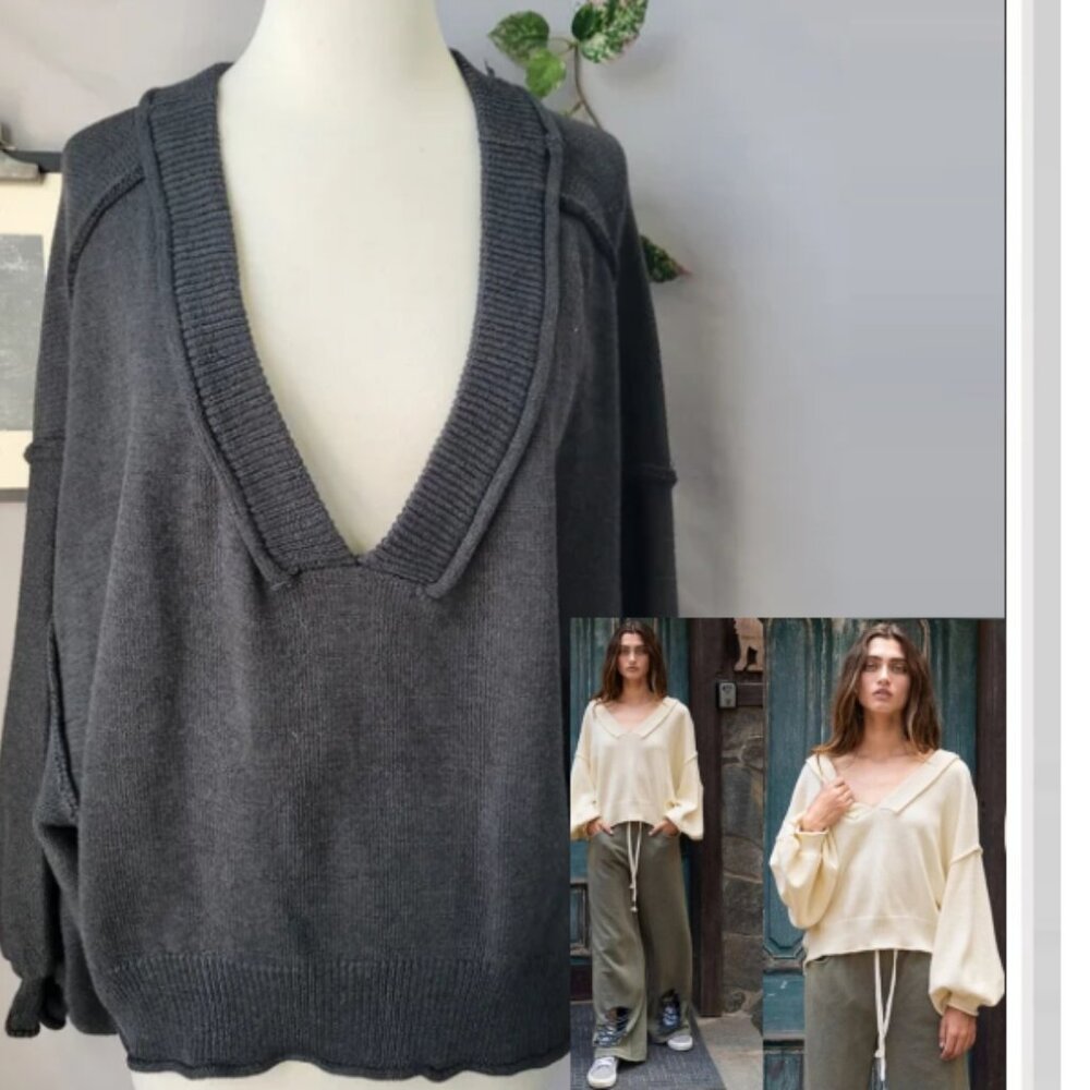 Pol V Neck Rolled Hem Oversized Sweater Black Gray S